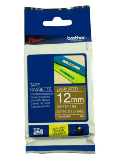Cinta Brother TZe-MQ835 12mm Blanco sobre Dorado